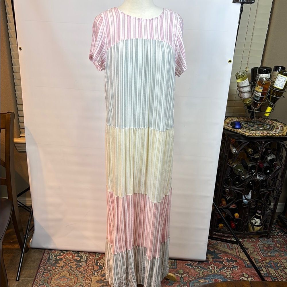 Kori White, Pink, Black, Red, and Tan Striped Maxi Dress, Size Medium
